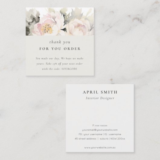 シック赤面牡丹ウォーター色フローラサンキューオーダー スクエア名刺 (正面/裏面)