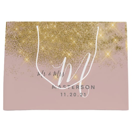 シック赤面 | 金ゴールドダストスパークルモノグラム結婚ズ ラージペーパーバッグ (正面)