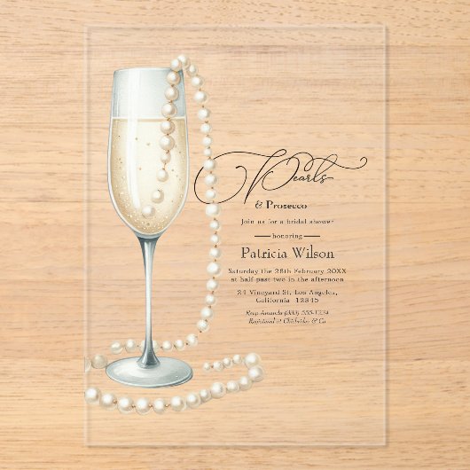 シック透明パール&プロセッコブライダルシャワー アクリル招待状 (正面)