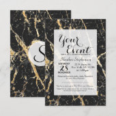 シック金ゴールドと黒大理石パターン 招待状 (正面/裏面)