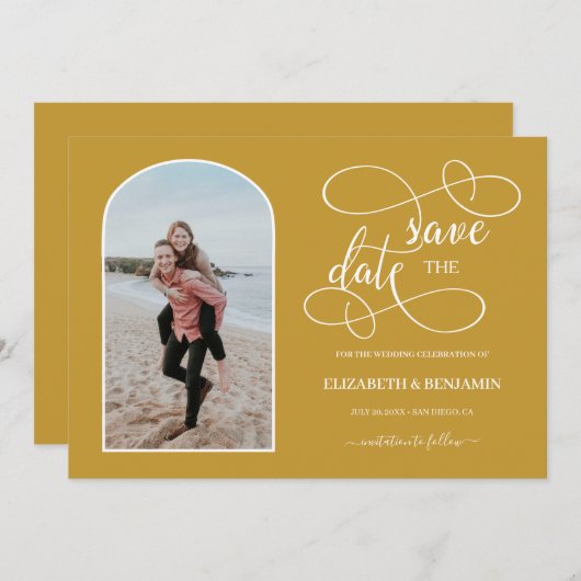シック金ゴールドの白いアーチ型のフレーム写真の保存日 セーブザデート (正面/裏面)