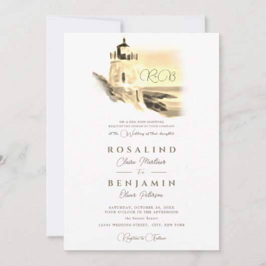 シック金ゴールドウォーターカラーライトハウスランドスケー結婚ズ 招待状 (正面)