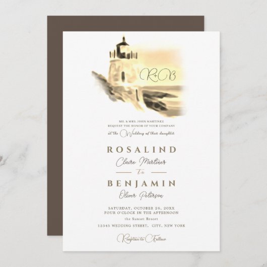 シック金ゴールドウォーターカラーライトハウスランドスケー結婚ズ 招待状 (正面/裏面)