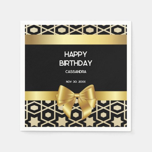 シック金ゴールドエジプトジオメトリック金ゴールドボウハッピーバースデー スタンダードカクテルナプキン (正面)