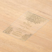 シック金ゴールドエレガントホワイトフローラ結婚マンダラ アクリル招待状 (レイダウン)