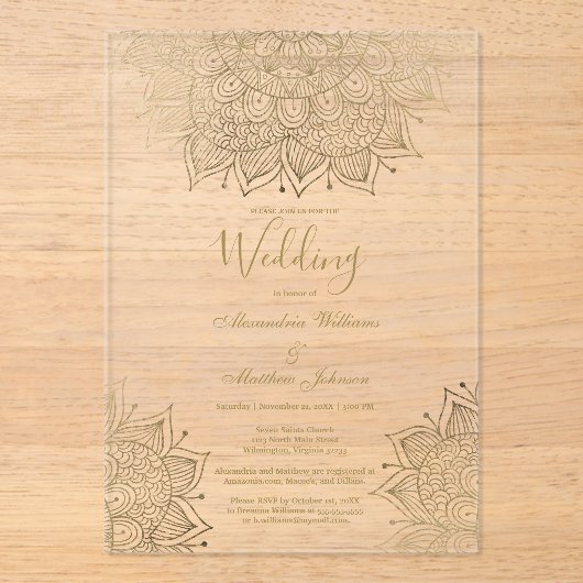 シック金ゴールドエレガントホワイトフローラ結婚マンダラ アクリル招待状 (正面)