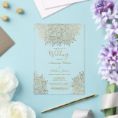 シック金ゴールドエレガントホワイトフローラ結婚マンダラ アクリル招待状 (インサイチュ (ウェディング))