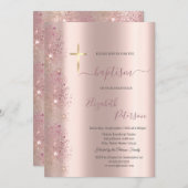 シック金ゴールドクロスバプテスマバラ金ゴールドグリッターダスト 招待状 (正面/裏面)