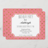 シック金ゴールドグラムとピンク水玉模様 招待状 (正面/裏面)