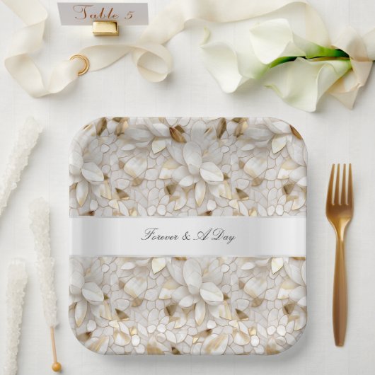 シック金ゴールドグラムホワイトロータスフラワーズ結婚ズ ペーパープレート (ウェディング)