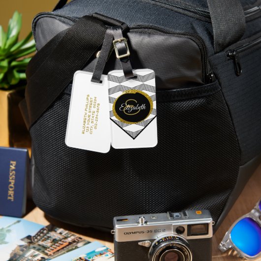 シック金ゴールドグリッターイニシャル文字モノグラム ラゲッジタグ (正面&裏面)