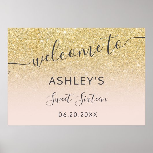 シック金ゴールドグリッターウェルカム赤面ピンクスウィート16 ポスター (正面)