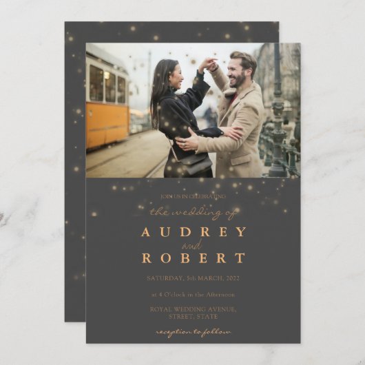 シック金ゴールドグリッターグレー結婚フォト 招待状 (正面/裏面)