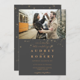 シック金ゴールドグリッターグレー結婚フォト 招待状