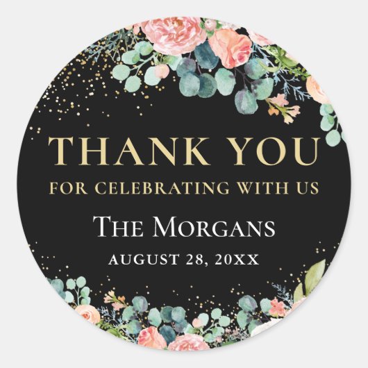 シック金ゴールドグリッターコーラルフローラグリーナリーサンキュー ラウンドシール (正面)
