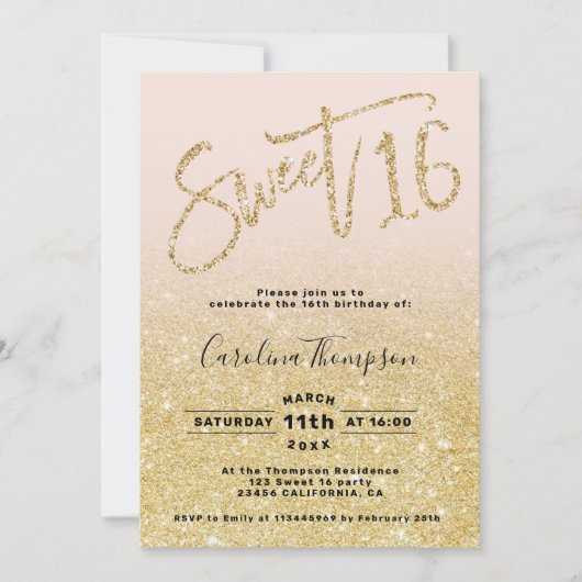 シック金ゴールドグリッターシックスクリプト赤面スイート16写真 招待状 (正面)