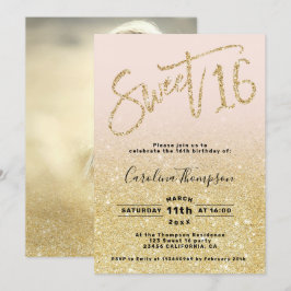 シック金ゴールドグリッターシックスクリプト赤面スイート16写真 招待状