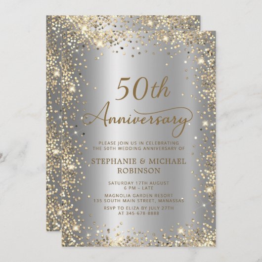 シック金ゴールドグリッターシルバー結婚50周年 招待状 (正面/裏面)