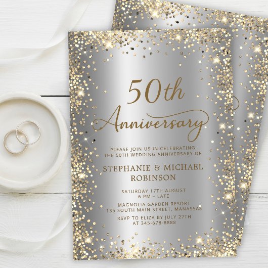 シック金ゴールドグリッターシルバー結婚50周年 招待状