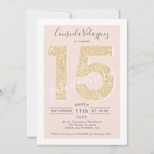 シック金ゴールドグリッタースクリプト赤面キンセアニェラ写真 招待状 (正面)