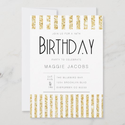 シック金ゴールドグリッターストライプバースデーパーティー 招待状 (正面)
