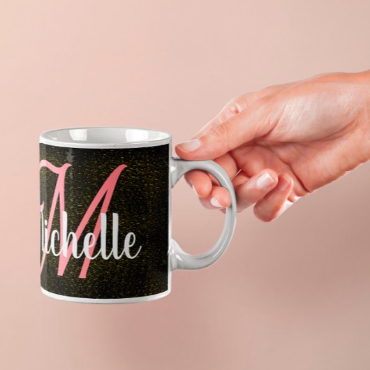 シック金ゴールドグリッターダストパターンピンクモノグラムガーリー コーヒーマグカップ