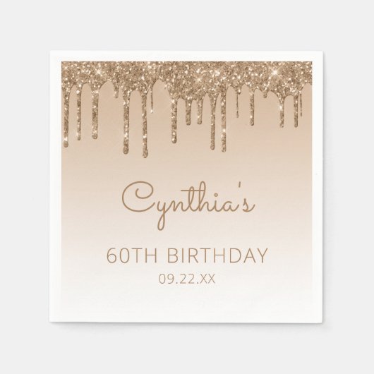 シック金ゴールドグリッタードリップ60thバースデーパーティー スタンダードカクテルナプキン (正面)