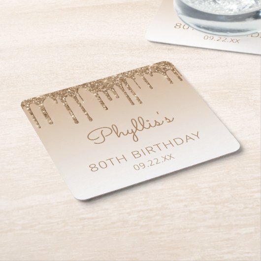 シック金ゴールドグリッタードリップ80thバースデーパーティー スクエアペーパーコースター (アングル)