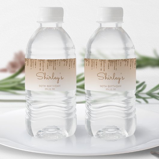 シック金ゴールドグリッタードリップ90thバースデーパーティー ペットボトルラベル