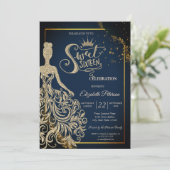 シック金ゴールドグリッタードレスティアラネイビーブルースウィート16 招待状 (スタンド正面)