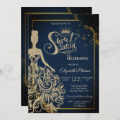 シック金ゴールドグリッタードレスティアラネイビーブルースウィート16 招待状 (正面/裏面)