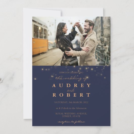 シック金ゴールドグリッターネイビーブルーフォト結婚ズ 招待状 (正面)