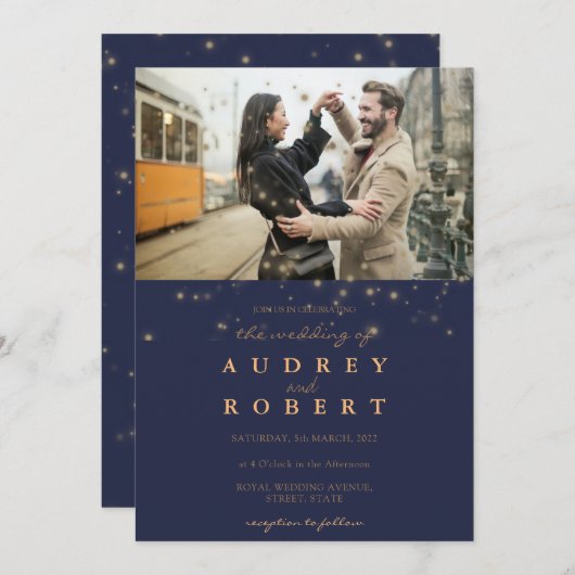 シック金ゴールドグリッターネイビーブルーフォト結婚ズ 招待状 (正面/裏面)