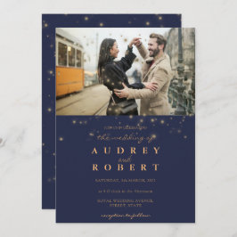 シック金ゴールドグリッターネイビーブルーフォト結婚ズ 招待状