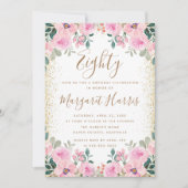 シック金ゴールドグリッターピンクフローラ80th80誕生日 招待状 (正面)