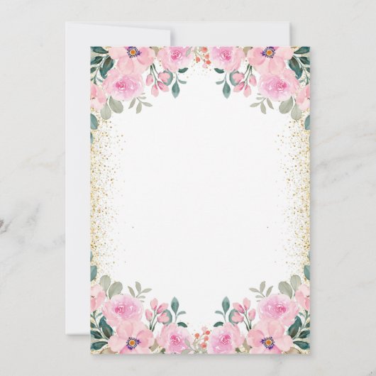 シック金ゴールドグリッターピンクフローラ80th80誕生日 招待状 (裏面)