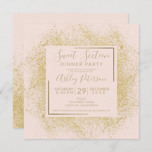 シック金ゴールドグリッターフレームシック赤面ピンク甘い16 招待状 (正面/裏面)