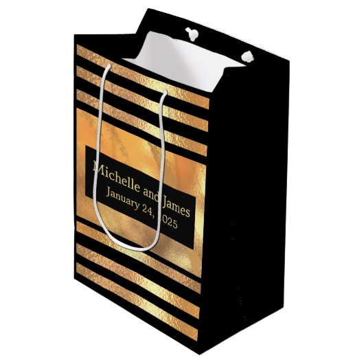 シック金ゴールドグリッターブラシメタルモノグラムブラック  ミディアムペーパーバッグ (正面アングル)