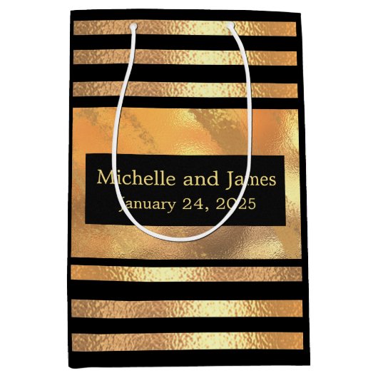 シック金ゴールドグリッターブラシメタルモノグラムブラック  ミディアムペーパーバッグ (正面)