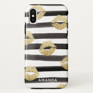 シック金ゴールドグリッターリップス&ストライプモノグラム iPhone XSケース