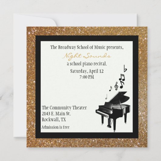 シック金ゴールドグリッタールックピアノリサイタル招待状 招待状 (正面)