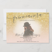 シック金ゴールドグリッター赤面ピンクキンセアニェラ写真 招待状 (正面)