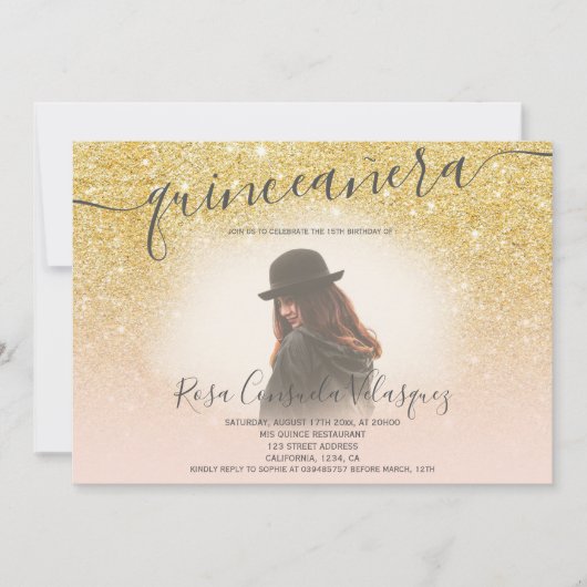 シック金ゴールドグリッター赤面ピンクキンセアニェラ写真 招待状 (正面)