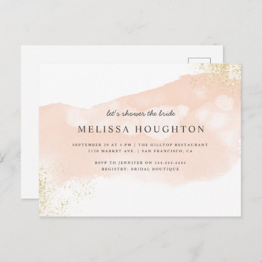 シック金ゴールドグリッター赤面ピンクブライダルシャワー インビテーションポストカード (正面/裏面)