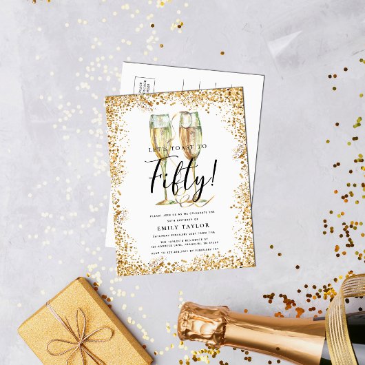 シック金ゴールドグリッター50thバースデーパーティー インビテーションポストカード