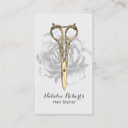 シック金ゴールドシザーフラワー美容師美しいサロン 名刺 (正面)