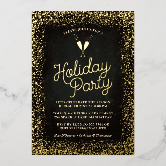 シック金ゴールドシャンパングラスホリデーパーティー 箔招待状 (正面)