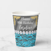 シック金ゴールドシルバーフォイルブルーゼブラプリント誕生日 紙コップ (裏面)