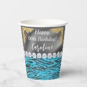 シック金ゴールドシルバーフォイルブルーゼブラプリント誕生日 紙コップ (正面)