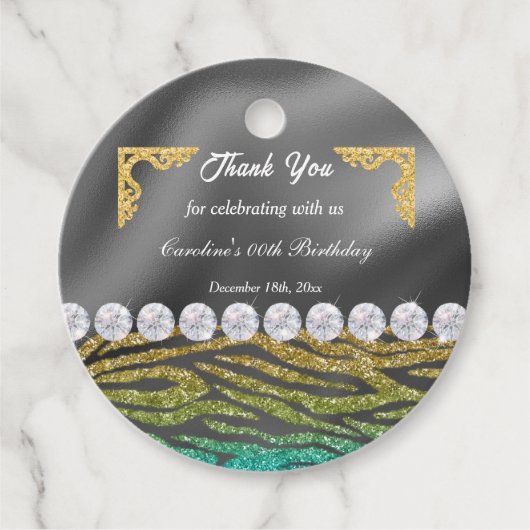 シック金ゴールドシルバーフォイル&ティール（緑がかった色）ゼブラプリント フェイバータグ (正面)